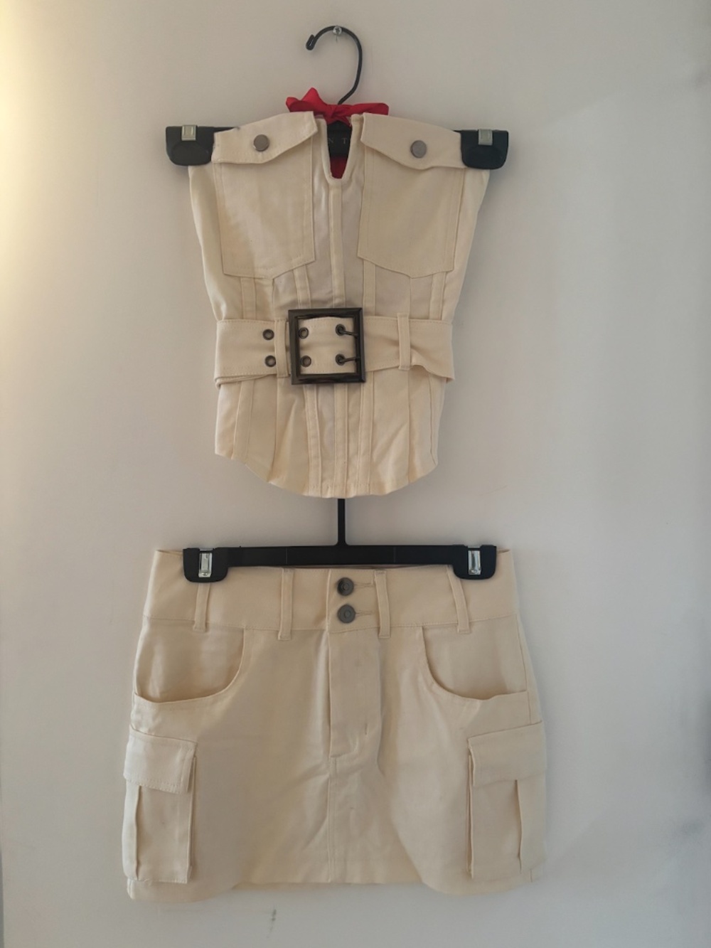 S/M Cotton Cream Colored Cargo Two-Piece Set (skirt+corset style top)